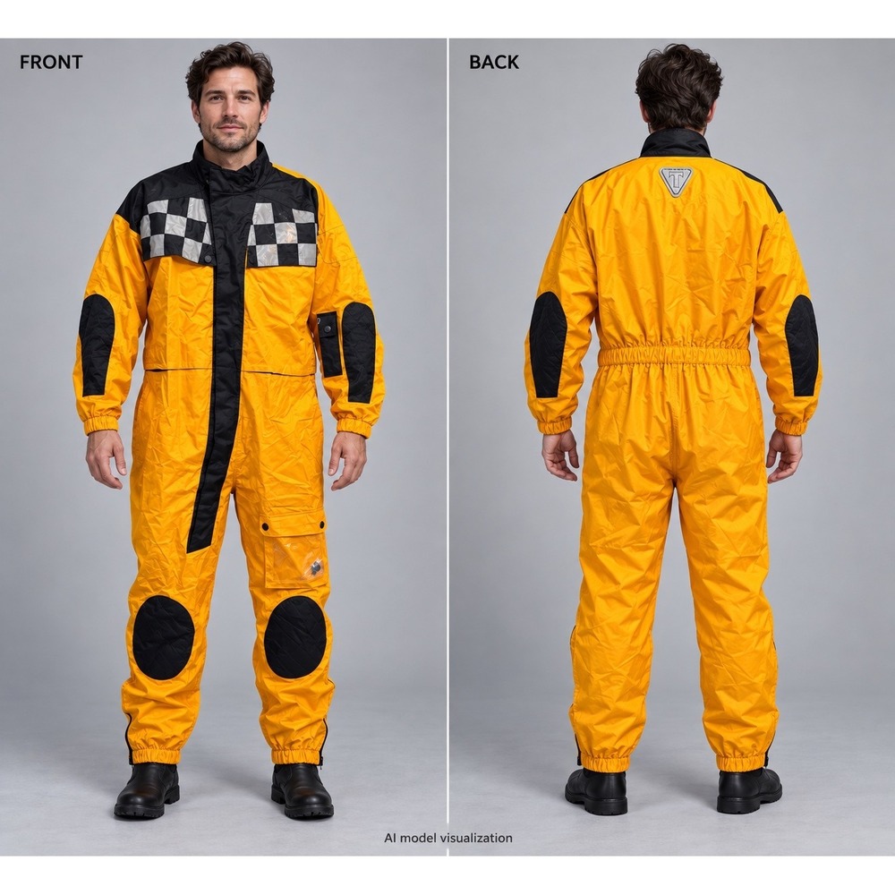 Triumph Motorcycle Rain Suit Mens XL Yellow Black Checkered One Piece Coveralls